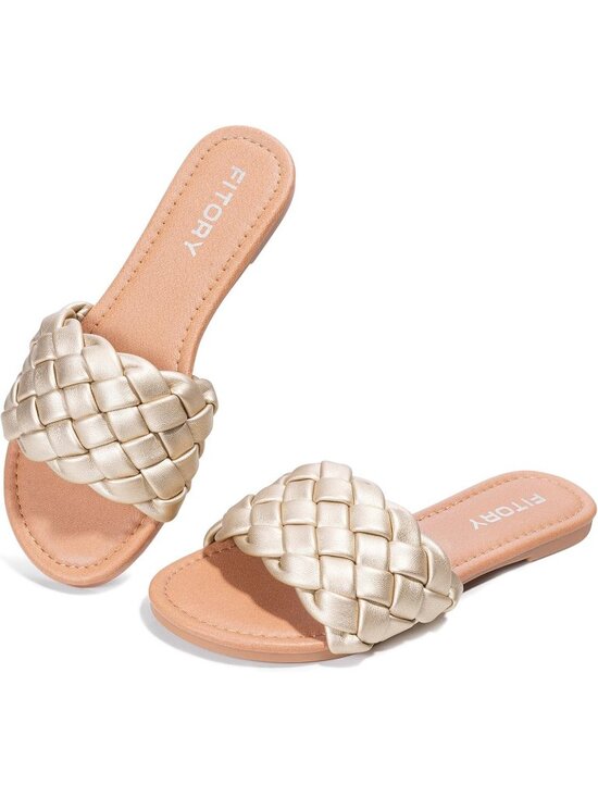 Shoes - Women's Gold Comfortable Dressy Style Round Open Toe Slip On Flat Sandal Shoes